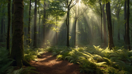 Morning in the forest with sunbeams and ferns.