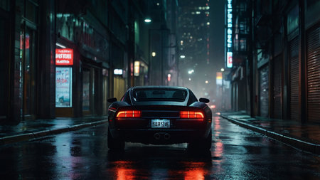 Car driving on wet street at night in New York City, USA.の写真素材