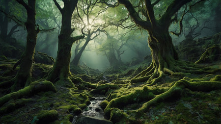 Fantasy dark forest with mossy tree trunks and a small streamの写真素材