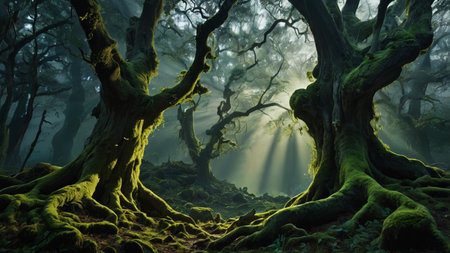 Fantasy forest with old trees and sunbeams in the fog