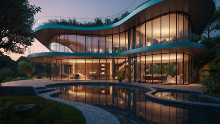 3d render of modern building in the garden with water reflection.の写真素材