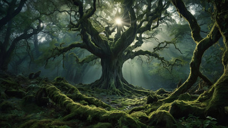 Fantasy dark forest with big old tree and light beam. 3D rendering