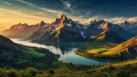 Mountain landscape. Panoramic view of the lake and mountains.