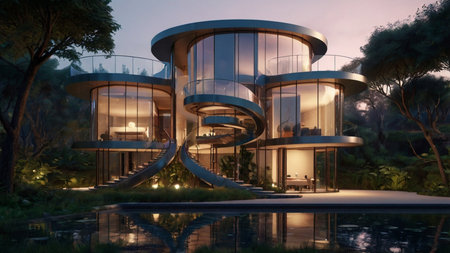 3D rendering of a modern luxury villa with pool at night