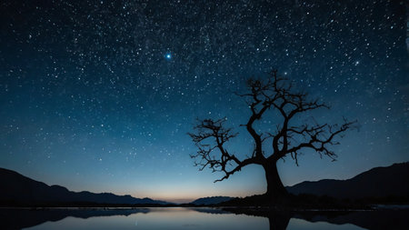Lonely tree at night with starry sky and milky wayの写真素材