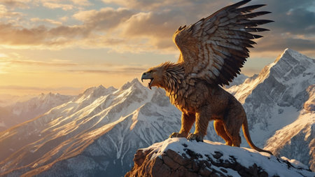 Eagle on top of the mountain at sunset. 3d render