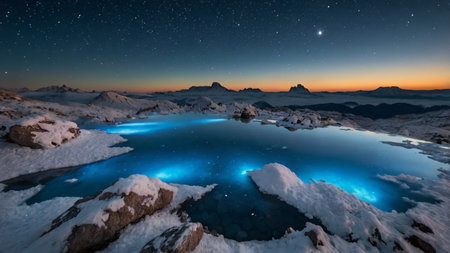 Fantastic winter landscape with frozen lake and mountains at night.の写真素材