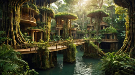 Fantasy garden in the rainforest of Bali island, Indonesiaの写真素材