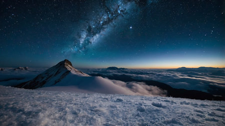 Milky way over a snowy mountain peak. Starry night sky.の写真素材