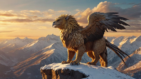 3D rendering of a golden eagle on top of a mountain at sunsetの写真素材