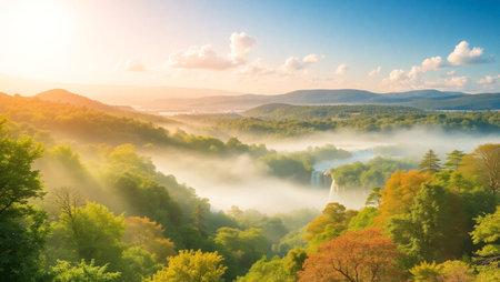 Autumn landscape with misty forest and waterfall in the morning.