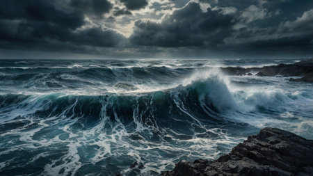Stormy sea at sunset. Dramatic sky, stormy clouds. Epic seascape. Panoramic image