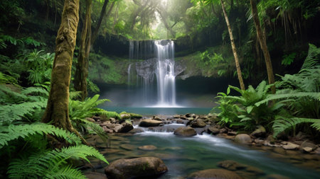 Tropical waterfall in rainforest, Thailand. Travel nature background
