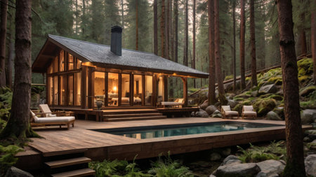 Luxury chalet in the forest. Wooden house in the forest.
