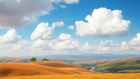 Landscape of Tuscany with a lonely tree in the foregroundの写真素材