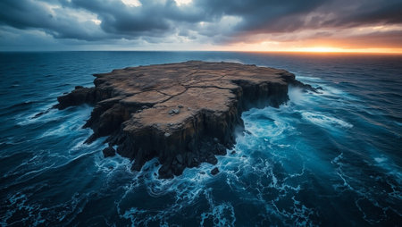 Aerial view of rocky coastline at sunset. Dramatic sky with glowing clouds, sea waves and rocky coastline.の写真素材