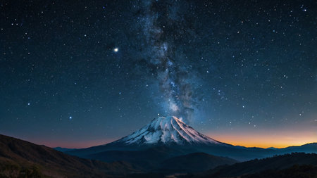 Mt. Fuji and starry night sky with Milky way.の写真素材