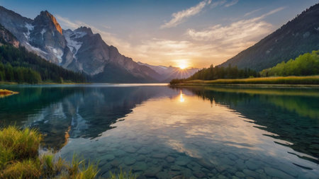 Sunset at the lake of Braies, Dolomites, Italyの写真素材