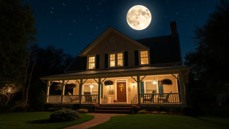 Beautiful night view of house with full moon in the background.の写真素材