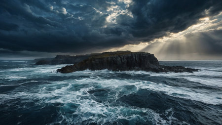 Dramatic stormy sky over the cliffs at Dingle Peninsula, Irelandの写真素材