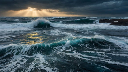 Stormy sea at sunset. Dramatic sky, stormy clouds. Epic seascape. Nature, environment, climate...