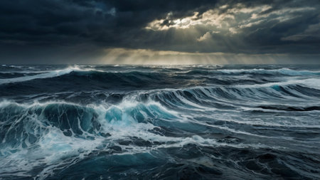 Stormy sea. Dramatic sky, stormy clouds. Epic seascape. Panoramic imageの写真素材