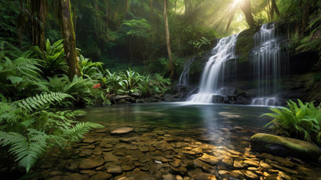 Beautiful waterfall in the tropical jungle. Thailand. Panorama.