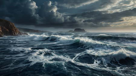 Stormy sea. Dramatic sky. Epic seascape. 3D rendering