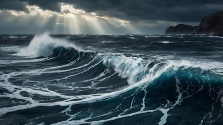 Beautiful seascape with stormy waves and sunbeams