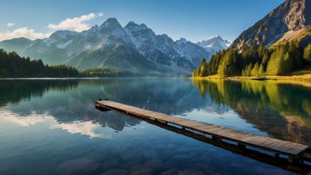 Wooden jetty on mountain lake. Dolomites, Italy