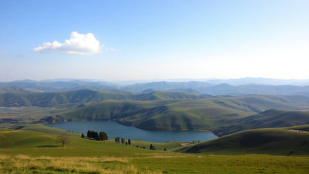 Beautiful landscape in Xinjiang, China. Green grassland and lakeの写真素材
