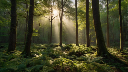 Panoramic view of a forest with sunbeams passing through the treesの写真素材
