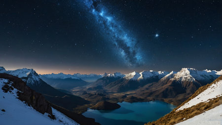 Milky way over mountain lake at night. Starry sky and stars.の写真素材