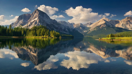 Beautiful alpine lake with reflection of mountains in the water.