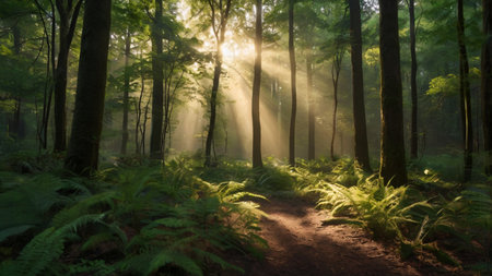 Sunbeams shining through the trees in a misty forest.の写真素材