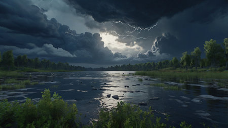 Stormy sky over the river. Evening thunderstorm over the river.の写真素材