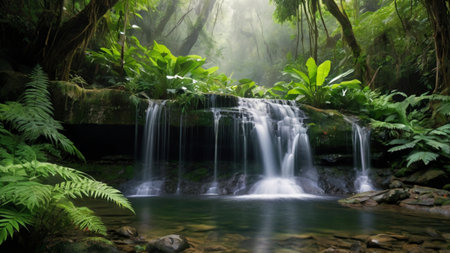 Tropical waterfall in deep rain forest jungle. Nature landscape background