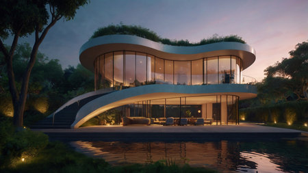 3d rendering of modern house in the park at night time.の写真素材