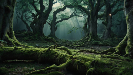 Fairy forest in the fog. Mysterious dark forest with green moss.の写真素材