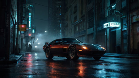 Night shot of a car driving on the street in the rain