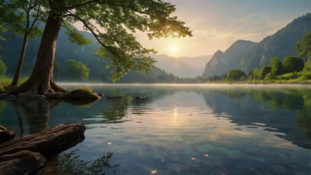 Panoramic view of the lake in the mountains at sunrise.