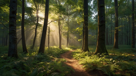 Panoramic view of sunrise in the forest with sunlight shining through treesの写真素材