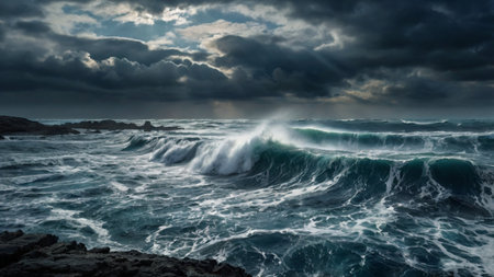 Stormy sea. Dramatic sky. Epic seascape. Crimea, Ukraine, Europe