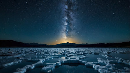 Frozen lake at night with starry sky and milky way