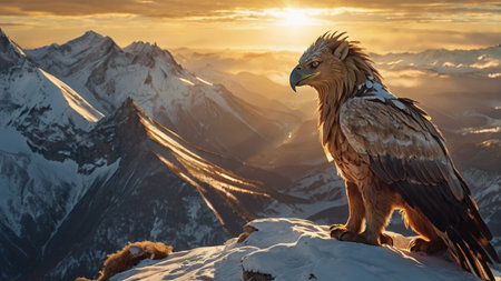 Golden Eagle on the top of the mountain at sunset.