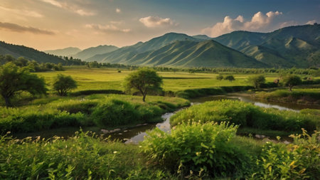 Beautiful landscape with mountains, fields and river in the evening.の写真素材