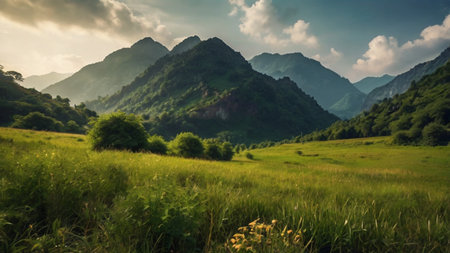 Landscape with green meadow and mountains at sunset. Caucasus Mountains, Georgia.の写真素材