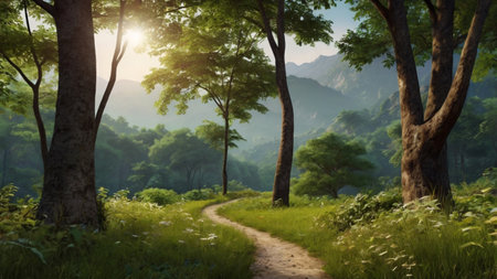 Landscape of green forest with sunlight in the morning, nature background