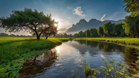 Landscape of green rice field with tree and mountain in the morningの写真素材