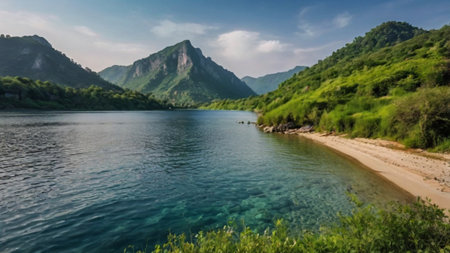 Beautiful landscape of the river and mountains on a sunny summer dayの写真素材